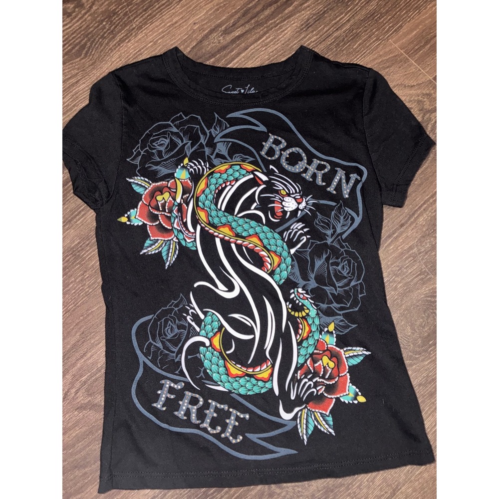 Sweet Lilac Born Free Panther Snake Tattoo Graphic Tee Black XS Sparkle Rose